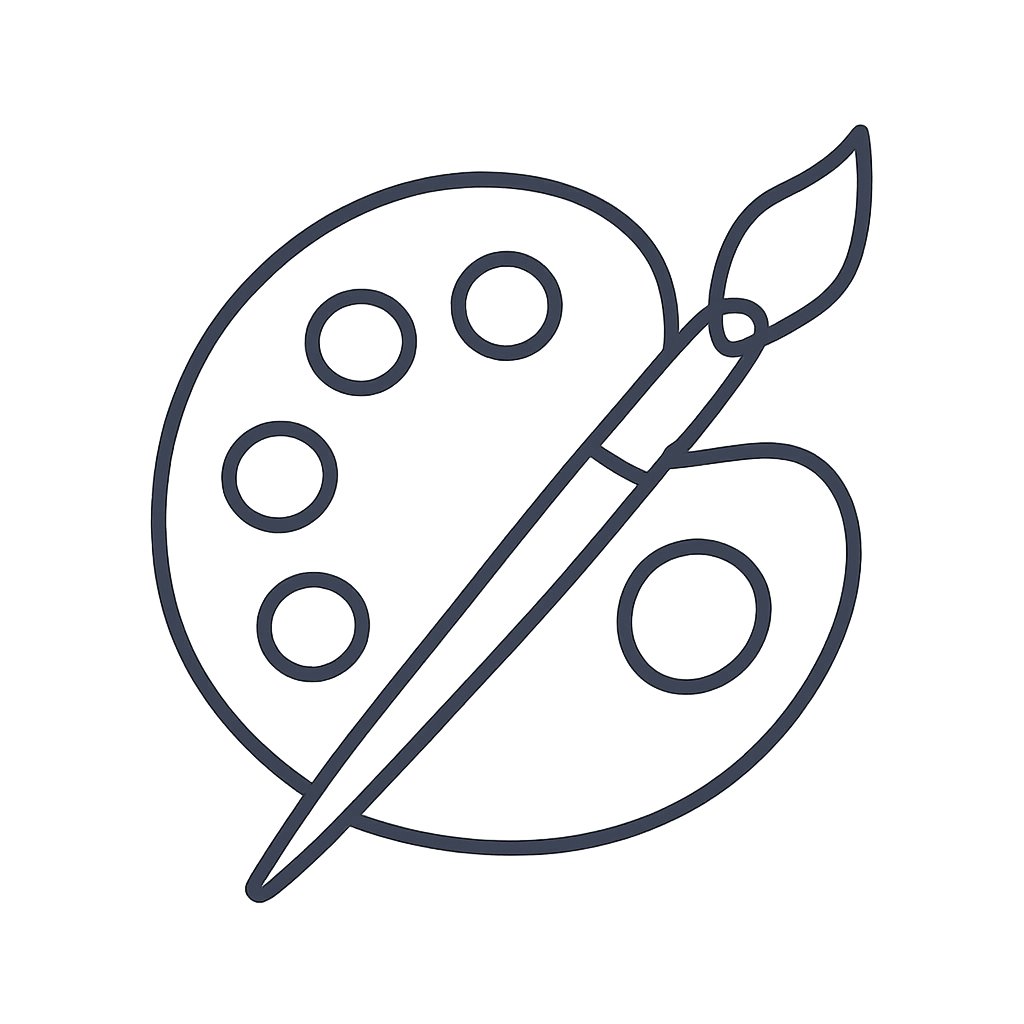 A simple line drawing of a palette with a paintbrush, likely used in digital contexts or graphic design.